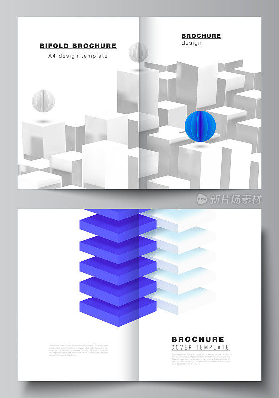 Vector layout of two A4 cover mockups templates for bifold brochure, flyer, magazine, cover design, book design. 3d render vector composition with dynamic realistic geometric blue shapes in motion.